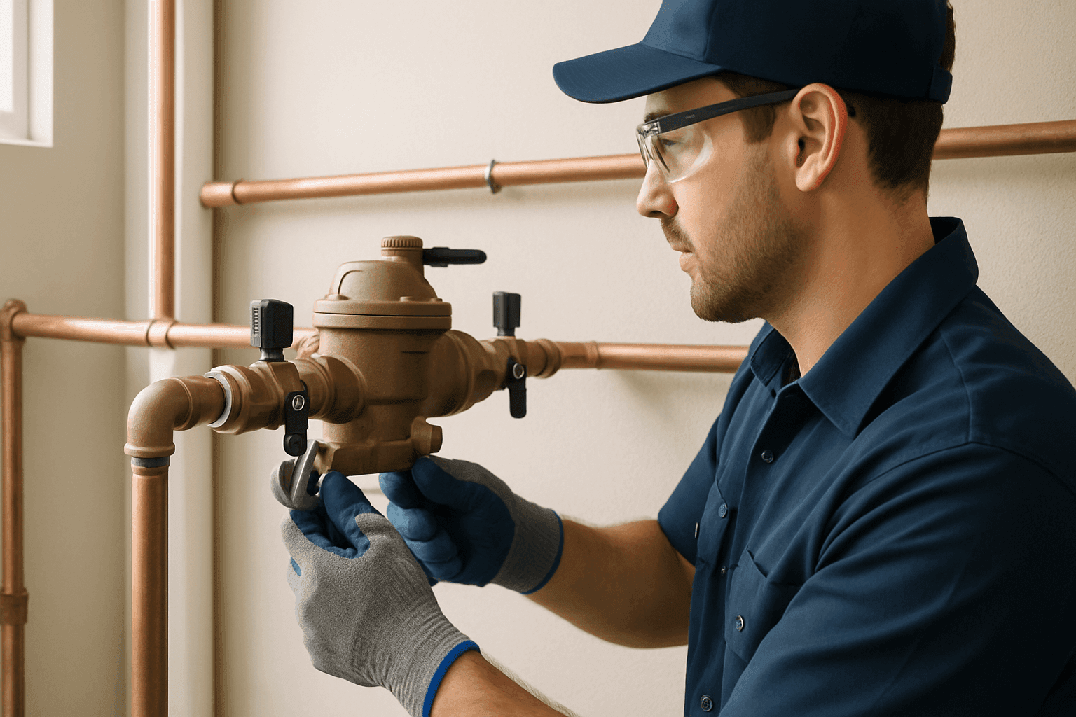 Plumber installing backflow prevention device on residential water line