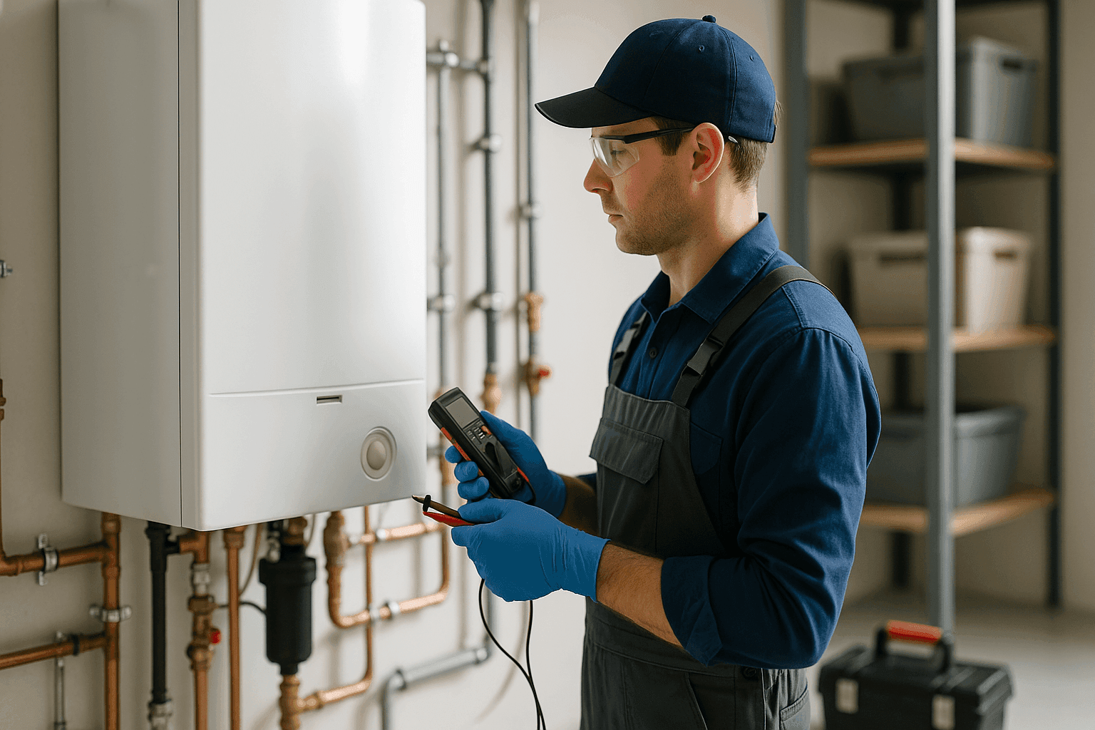 Technician inspecting residential boiler system in utility room
