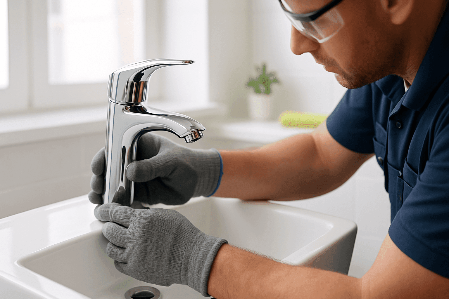 Plumber installing new bathroom faucet on modern sink
