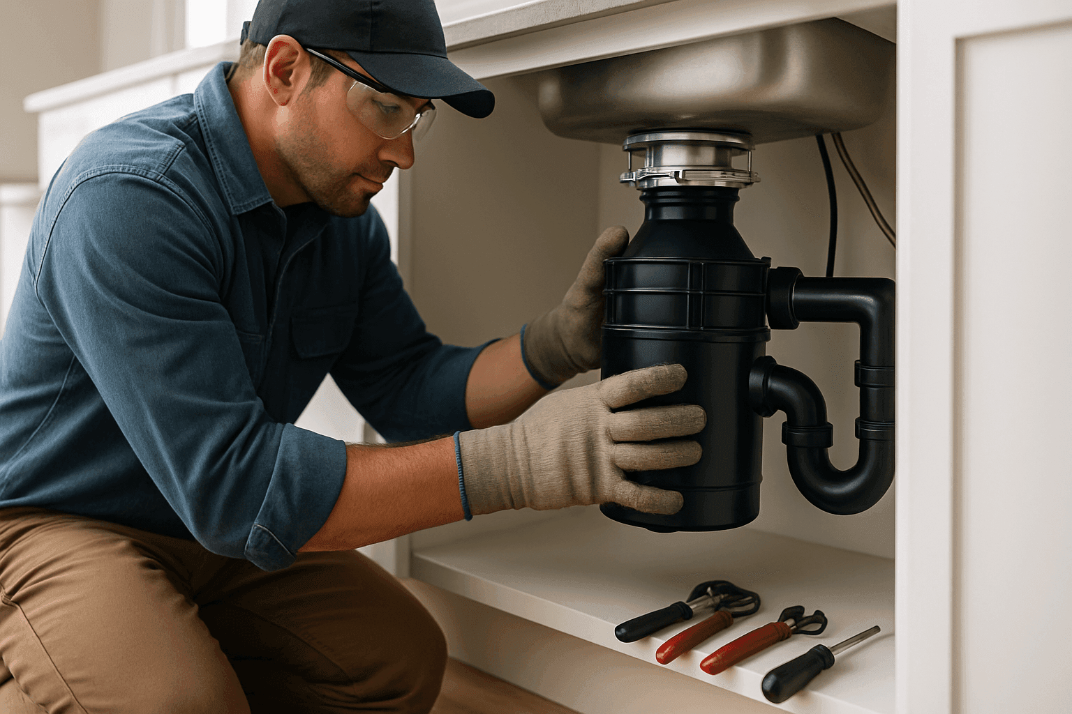 Plumber repairing garbage disposal unit under kitchen sink