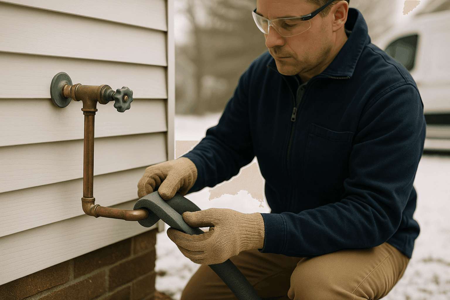 Homeowner insulating outdoor pipes to prevent freezing during winter