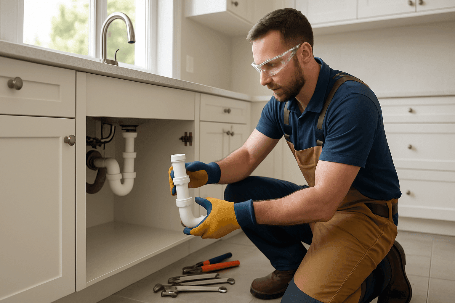 Plumber fixing kitchen sink drain with tools under the counter