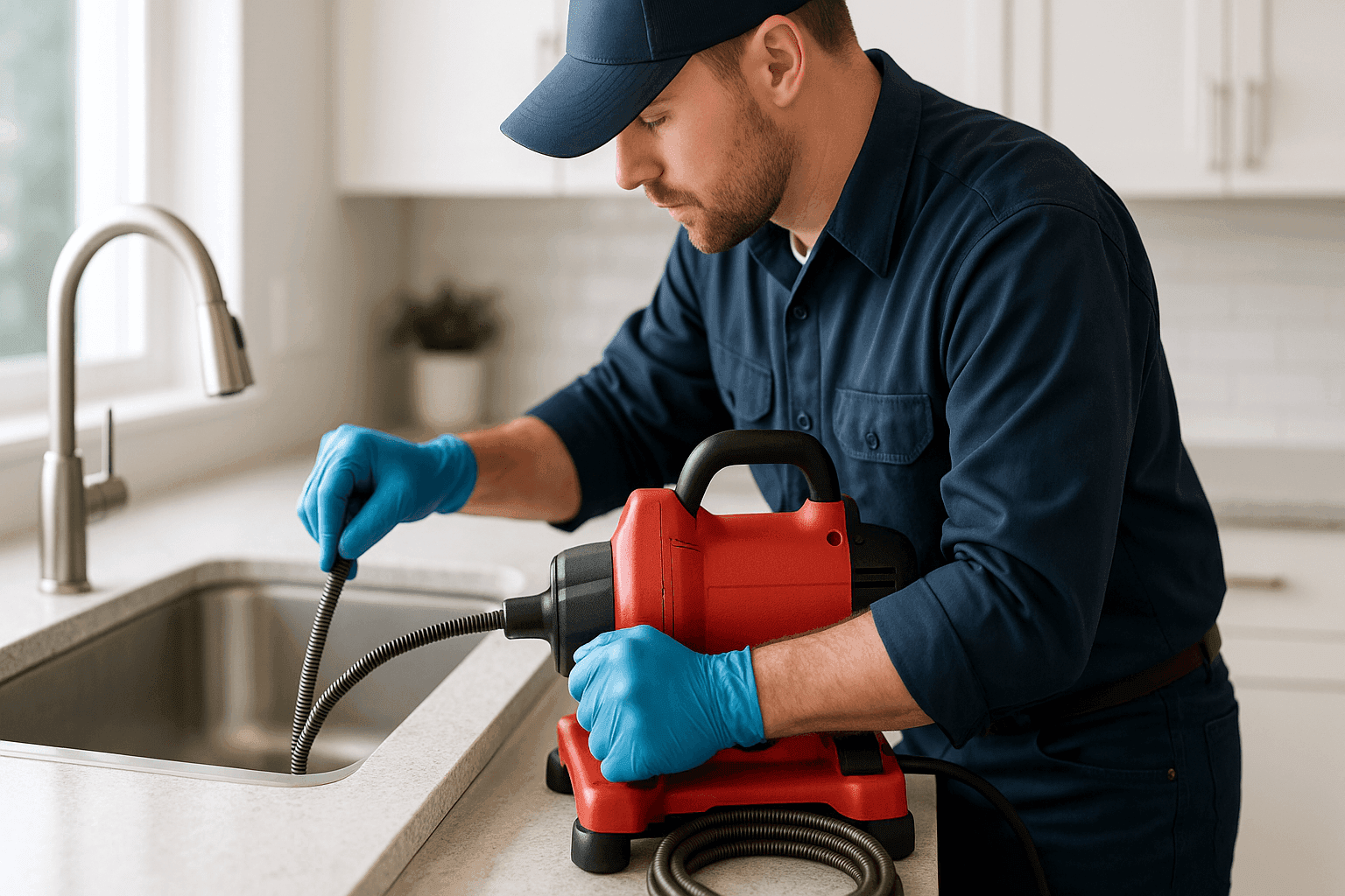 Plumber snaking a clogged kitchen drain with professional equipment