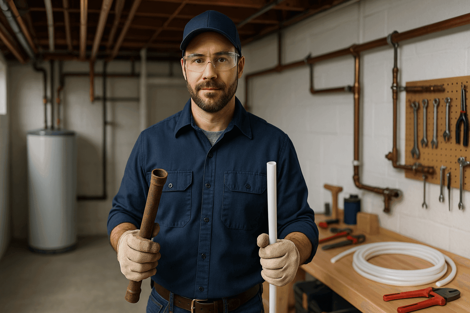 Plumber comparing old and new pipe materials in basement