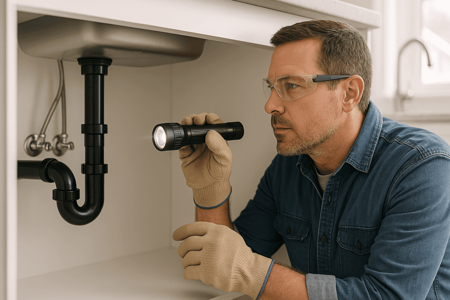 Homeowner checking pipes under kitchen sink for routine maintenance