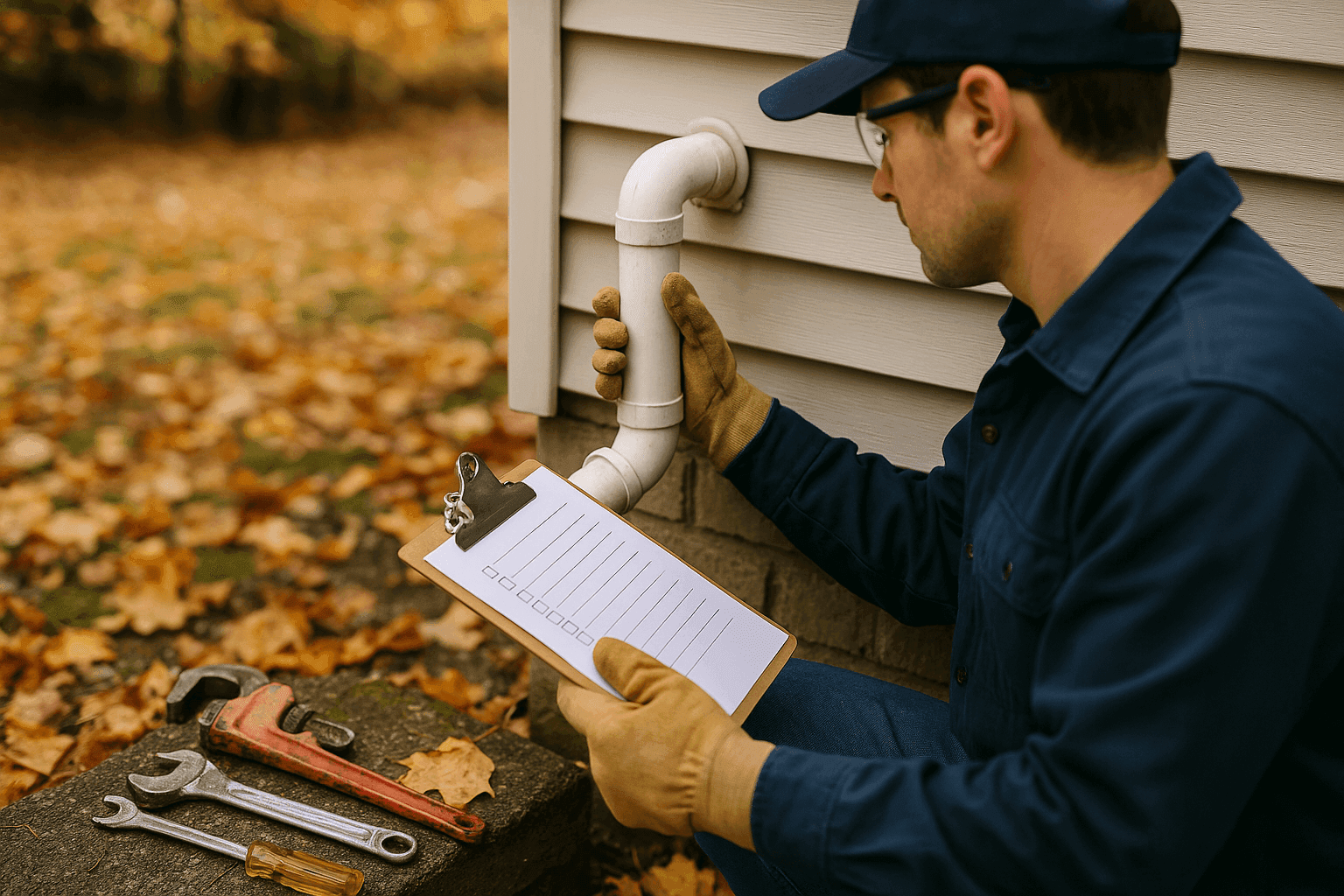 Homeowner performing seasonal plumbing maintenance outdoors with tools and checklist