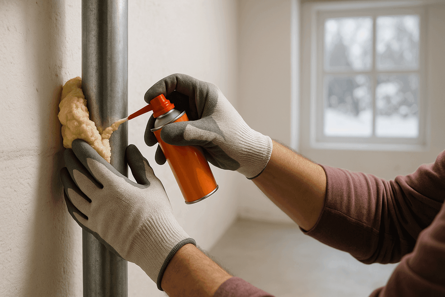 Homeowner applying foam insulation to exposed basement pipe in winter