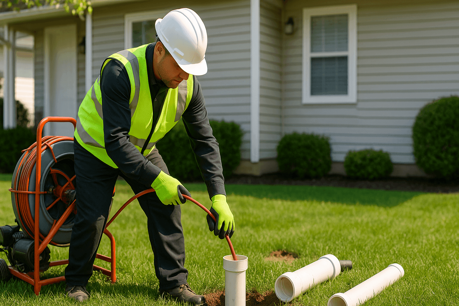 Plumber operating trenchless sewer repair equipment in residential yard