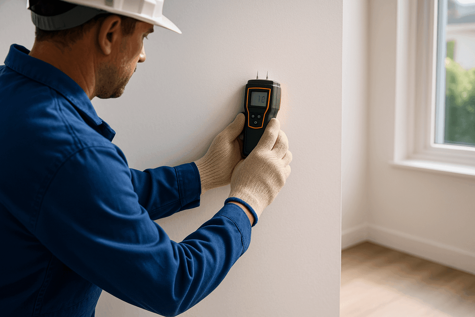 Plumber scanning drywall with moisture detector for hidden leak