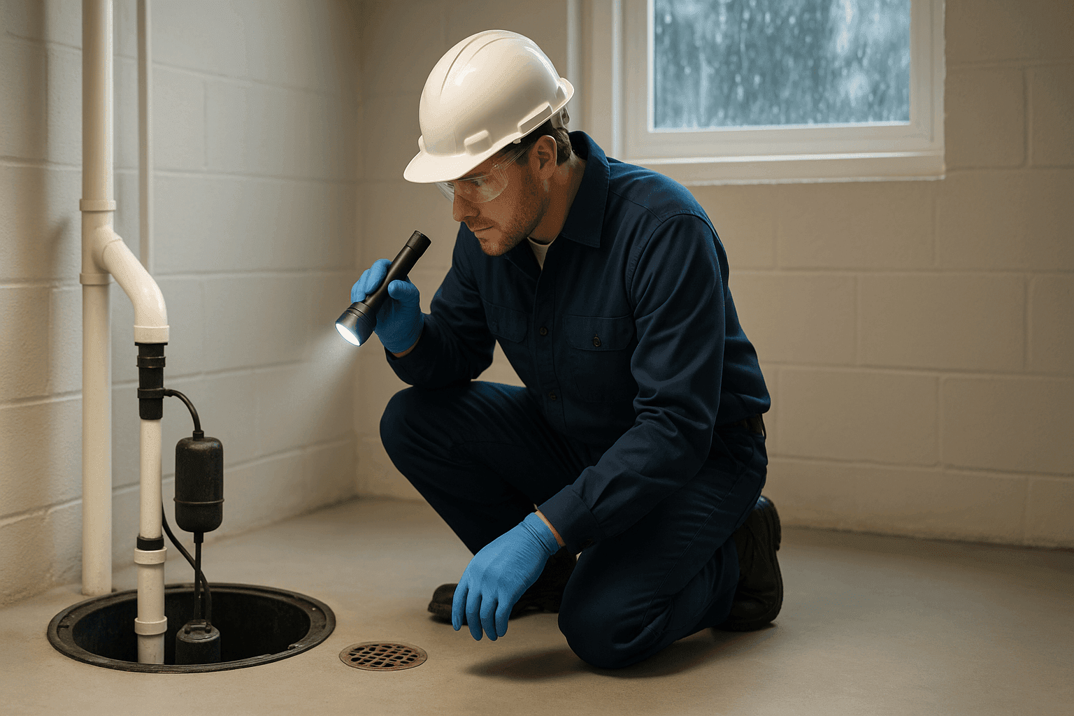 Technician inspecting sump pump and basement drain before rainstorm