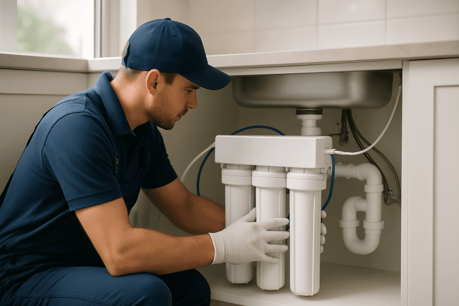 Plumber installing under-sink water filtration system in kitchen