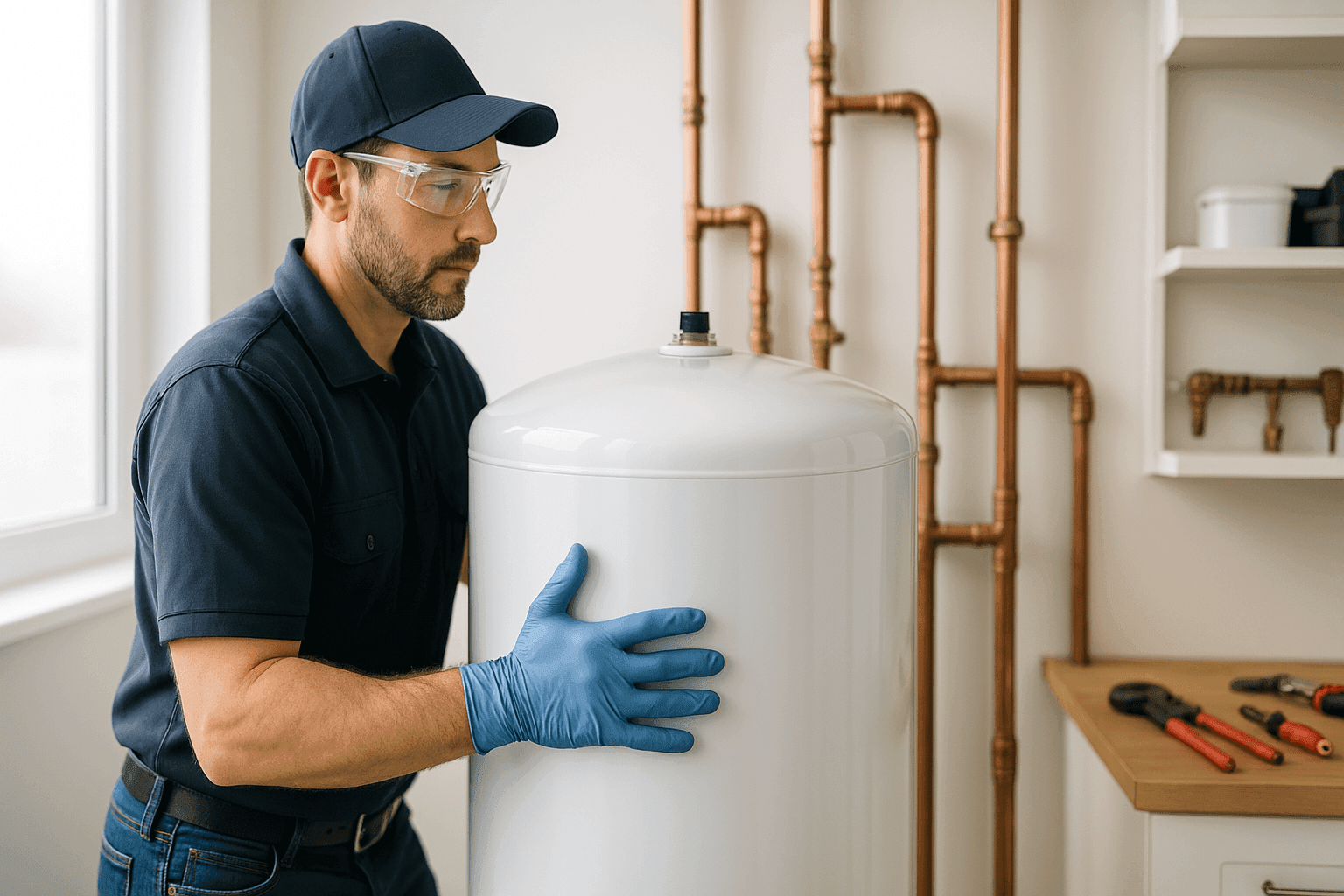 Plumber installing new water heater tank in home utility room