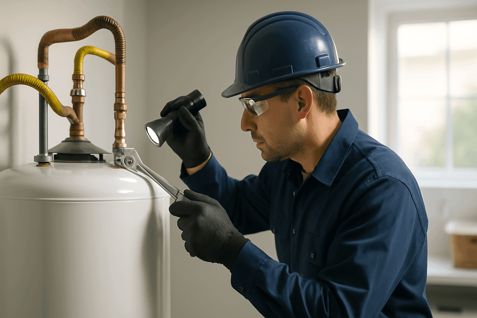Plumber inspecting a water heater tank in a residential utility room